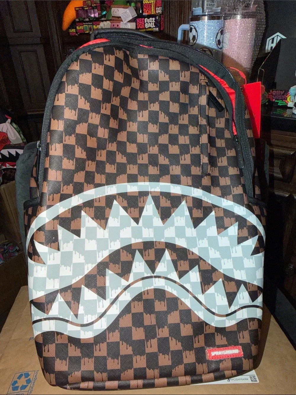 Sprayground Brown & Black Checker Shark Backpack with White Shark Graphic